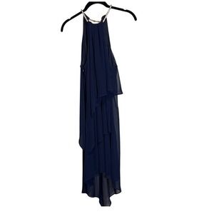Betsy & Adam Navy Blue Chiffon High-Low Halter Dress Rhinestone Chain Size 8